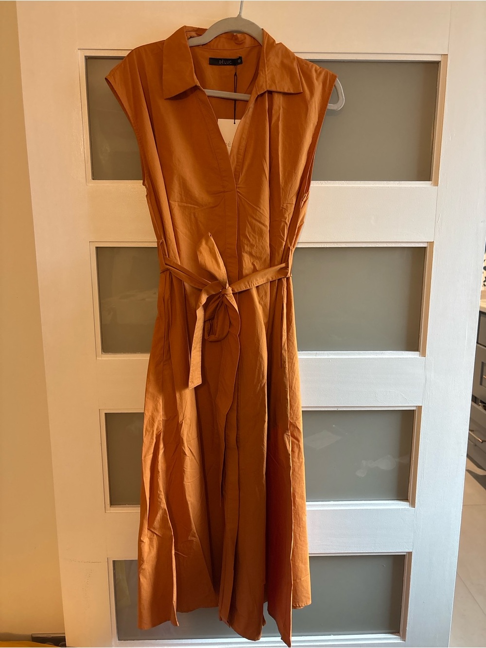Deluc Sleeveless Rust-Orange Midi Dress with Waist Tie